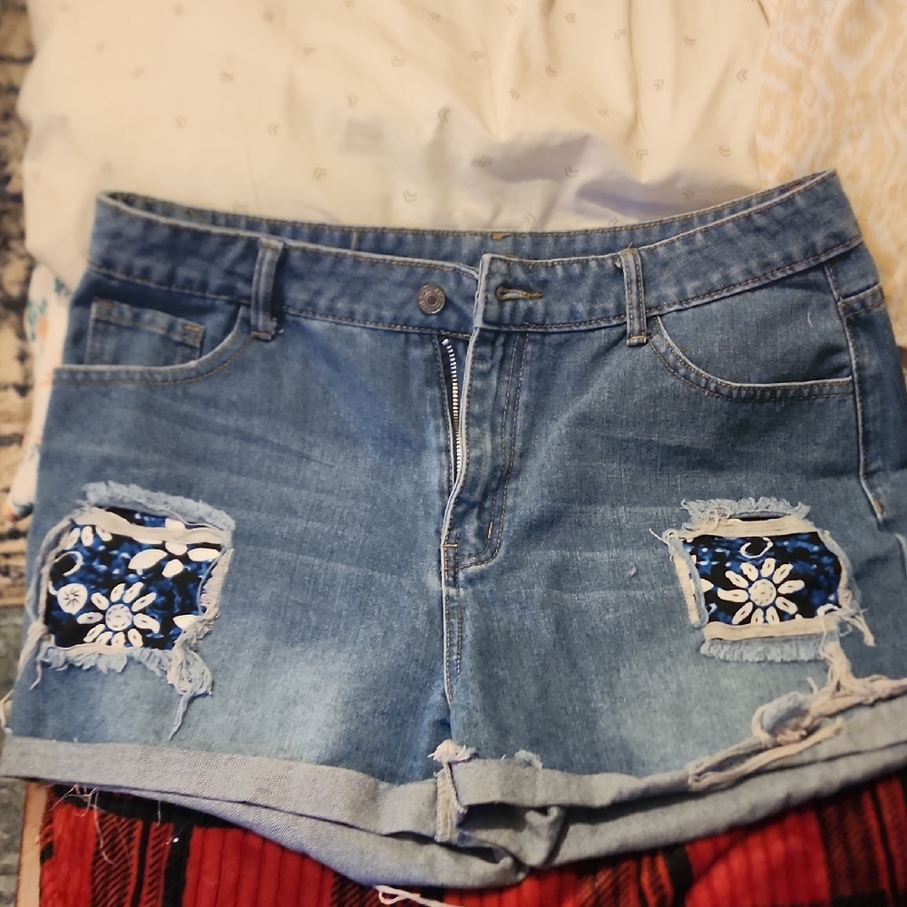 2 Pair Denim Blue Distressed Women's Shorts with Floral Patch